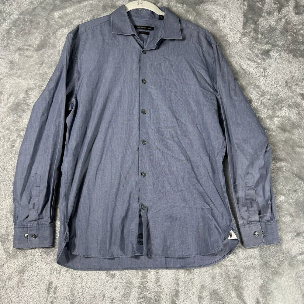 John Varvatos Dress Shirt Mens 16 32/33 Blue Slim Fit Checked Interview Office